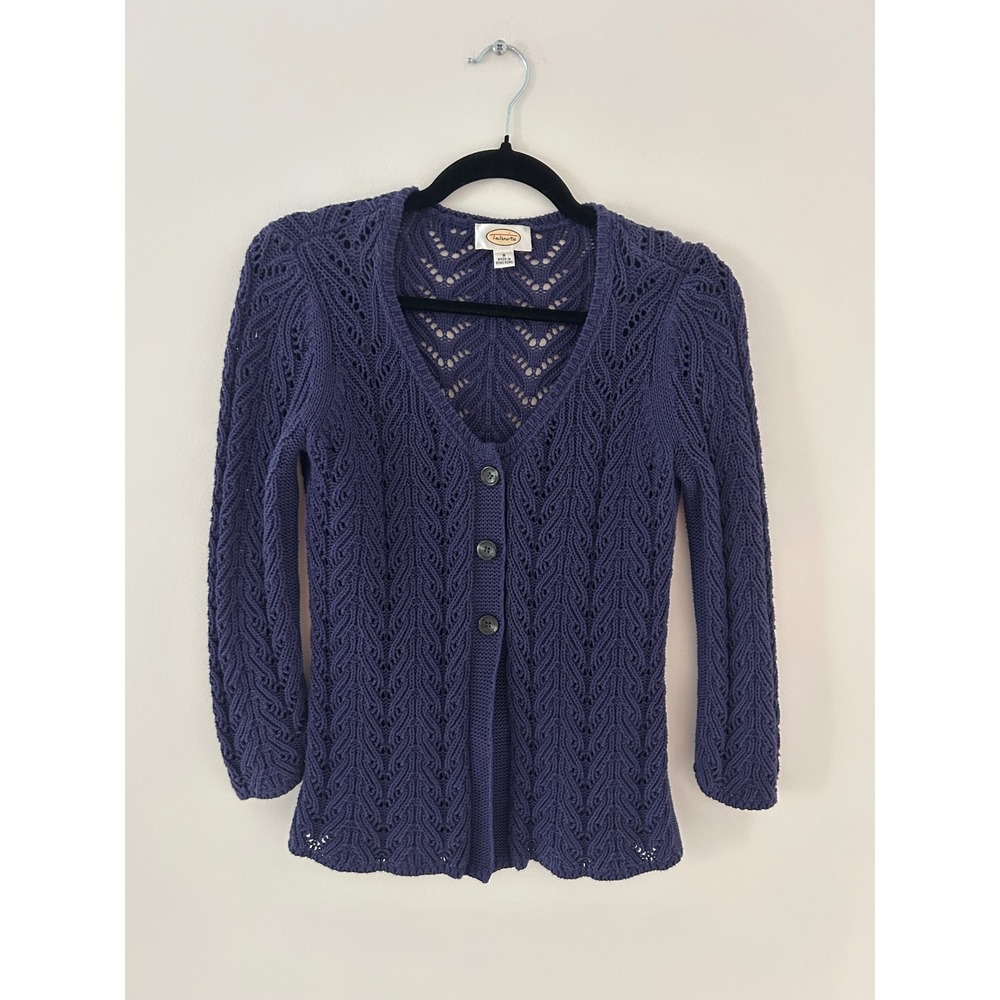 Talbots Purple Pointelle Chevron Knit Cotton V-Neck Cardigan Sweater Womens S